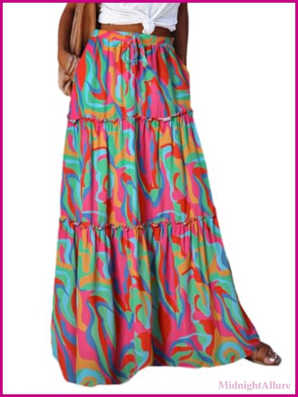 Boho Floral Print Maxi Skirt High Waist Ruffle Flowy Long A-Line Pleated